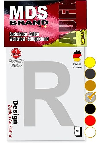 MDS Brand 10cm Design Buchstaben Aufkleber A-Z Selbstklebende Klebebuchstaben | Wetterfest Alphabet zum Aufkleben für Briefkasten, Auto, Mülltonne, Vinyl Buchstaben für Außen & Innen (Silber, R)