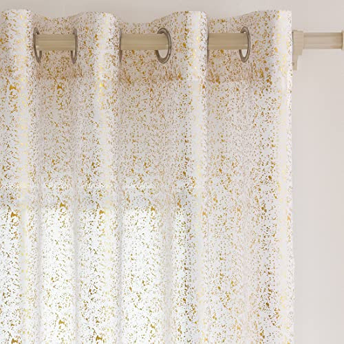 TERLYTEX Transparente Vorhänge, 240 cm lang, metallische Goldfolien-Punkte, bedruckt, durchscheinend, schimmernd, Vorhänge für Wohnzimmer, Privatsphäre, Ösen, glitzernde Vorhänge, 2 Paneele-Set, 132 x