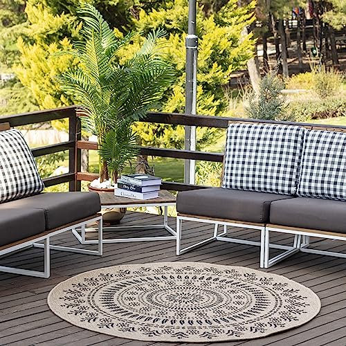 Livabliss Runder Outdoor Teppich Tavira - Wetterfest für Balkon, Terrasse, Garten, Küche - 100 cm Boho Teppich für Draußen - Beige, Schwarz