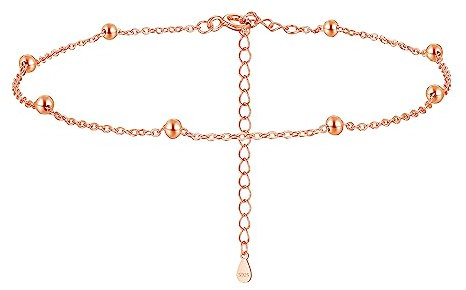 Cangall Silver Anklets for Women, 925 Sterling Silver Ankle Bracelets for Women, Adjustable Beach Barefoot Anklet String with Lucky Beads, Rose Gold Simple Foot Chain, Ankle Chain for Summer Holiday