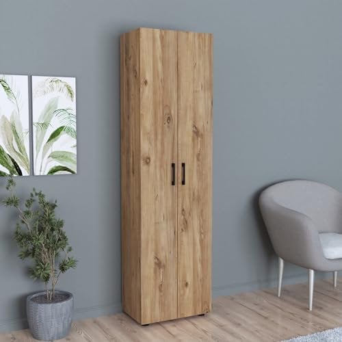 [en.casa] Beistellschrank Åsnes Kommode Wohnzimmerschrank mit 2 Türen und 5 Ablagefächern Aktenschrank Büroschrank Mehrzweckschrank 178 x 49 x 32 cm Eiche