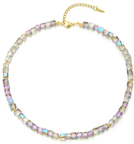 COOLSTEELANDBEYOND Glamouröse Bunter Regenbogen Kristall Würfel Perlen Halskette, Halsband