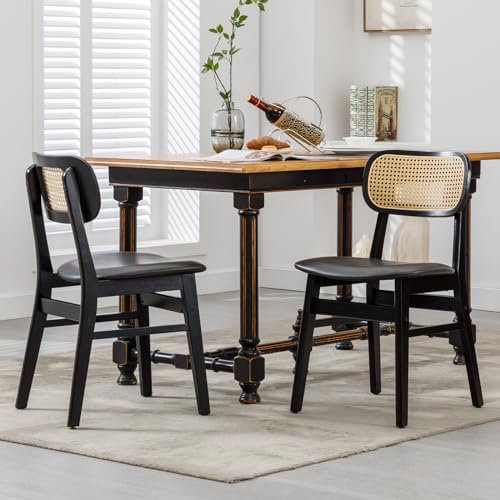 chairus 2er Set PU Leder Esszimmerstühle für Küchen Rattan Akzentstühle für Esszimmer Polsterstuhl mit Massivholzbeinen für Wohnzimmer (Schwarz-2)