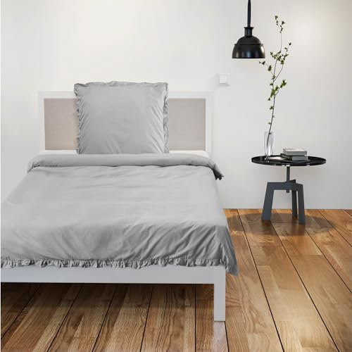 JEMIDI Bettwäsche mit Rüschen Set - 135 x 200 cm - Einzel Set graue Bettwäsche - Vintage Deckenbezug und Kopfkissenbezug - Grau