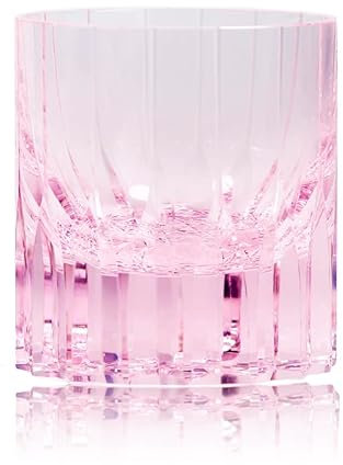 ArinkO Vaso de Whisky de Cristal Grabado a Mano – Sofisticada cristalería óptica con Tono Rosa Brillante – Vaso Antiguo de 7 oz