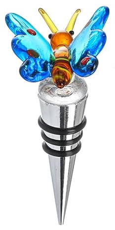 HDCRYSTALGIFTS Handmade Wine Stopper Bottle Stopper With Blown Glass Butterfly Figurines - 3.5'' Wine Saver, Reusable Wine Stopper For Gifts, Bar, Holiday Party, Wedding