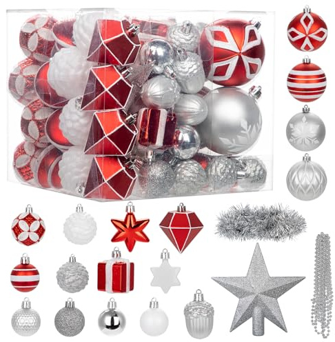 Hollyone 75PCS Weihnachtskugel Set Kunststoff, Bruchsicher Weihnachtsornamente, Verschieden Christbaumkugeln Hängeornamente für Weihnachtsbaum Feiertage Partys Home Deko, Rot Silber & Weiß