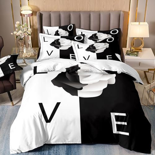 Freyamy Partner Bettwäsche 135x200cm 2teilig Schwarz Weiß 3D Rose Bettwäsche für Paare 100% Mikrofaser Pärchen Bettwaren-Sets Blumen Liebhaber Bettbezug mit Reißverschluss und 1 Kissenbezug 80x80cm