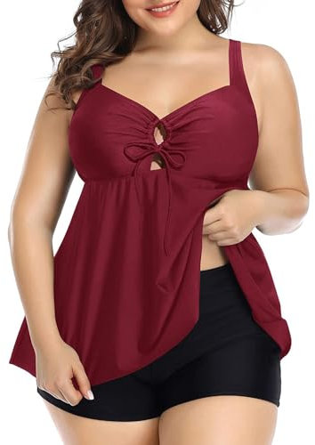 Maillots Deux Pièces Femme Tankini avec Short Bikini Femme 2 Pieces Découpé Dos Croisé Réglable Maillot de Bain Jupette Grande Taille pour Grossesse (2-Bordeaux, 2XL)