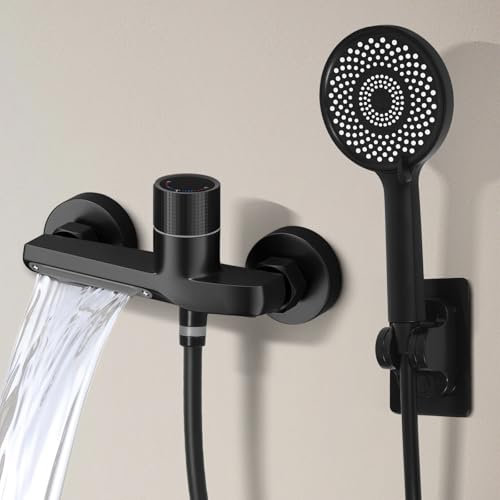 Dnkelar Rubinetto per vasca da bagno, miscelatore per vasca da bagno, rubinetto per vasca da bagno, rubinetto con doccetta manuale, tubo e supporto da parete (nero)