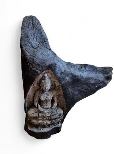 Kinaree Buddha in Teak Altholz - 84 cm Schnitzerei in Massivholz - Dekoration Aufsteller mit eingelassenem Buddha