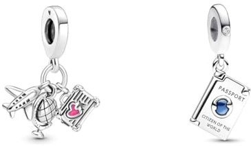 PANDORA Moments 799435C01 Flugzeug, Globus und Koffer Charm-Anhänger & Moments Aufklappbarer Reisepass Charm-Anhänger aus Sterling Silber mit blauem Cubic Zirkonia, Kompatibel Moments, 792680C01