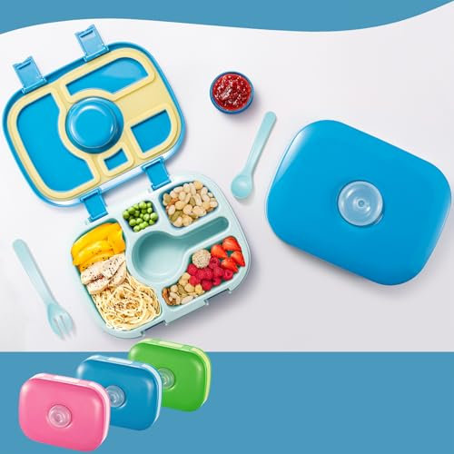 Qobobo® Brotdose mit Fächern, BPA-Frei, Lunchbox mit 5 Unterteilung und 1 Separaten Saucenbox & geschirr, Brotzeitbox Brotbox Bento Box ideal für Kindergarten & Schule (Blau)