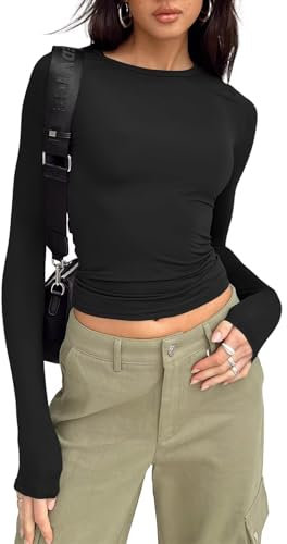 LACOZY Womens Skinny Dupes Tee Shirt Casual Crop Top Round Neck Long Sleeve Shirt y2k Black L