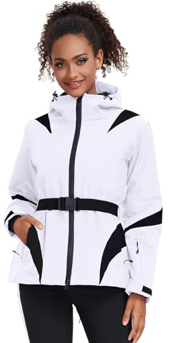 ALSOGO Damen Skijacken Wasserdicht Isoliert Snowboard Berg Kapuzen Schnee Mantel Jacke mit Gürtel Weiß XL