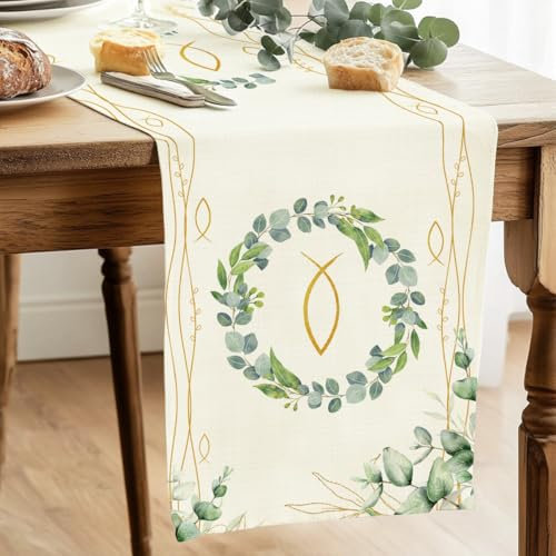 Tischläufer Kommunion, Konfirmation Deko Table Runner, Taufe Deko Tischläufer Eukalyptus Grün, Konfirmation Tischdeko Dekostoff, Erstkommunion Deko Partytischdecke Firmung Deko mädchen