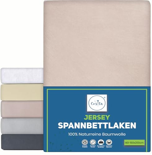 Cozita Basics Spannbettlaken 140x200cm - 100% Baumwoll Jersey Bettlaken, Öko-Tex Zertifiziert, bis 25 cm Matratzenhöhe – Beige
