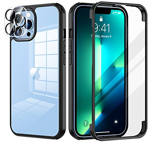 seacosmo Case for iPhone 13 Pro Case 6.1-Inch, Full Body Shockproof Bumper Case with Built-in 9H Tempered Glass Screen Protector + Camera Lens Protector Clear Back Cover for iPhone 13 Pro - Black