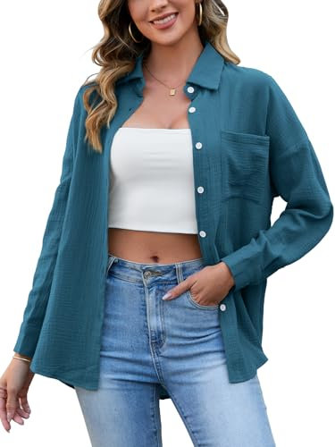 HAPYWER Musselin Bluse Damen Baumwolle Oversize-Bluse Langarm Longbluse Leichte Sommerbluse Locker Hemdbluse Modern Oberteile Langarmshirt Blusenshirt(Seeblau,M)