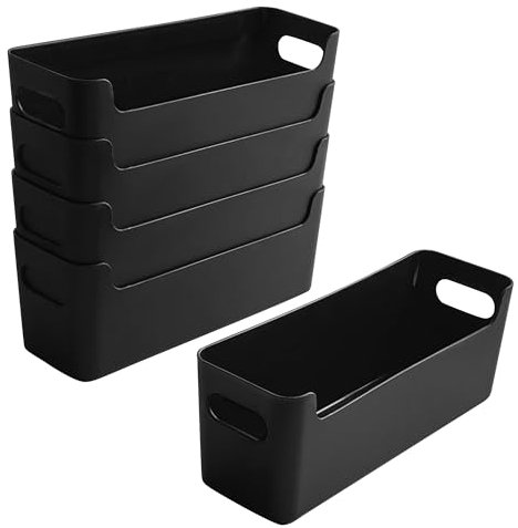 LYLIDIA 5 Stück Ordnungsbox Kunststoff 9,5cm Hoch, Kleine Aufbewahrungsbox Schmal 24,5x7,5x9,5cm, Organizer Box Niedrigeren Vorderseite, Körbchen Ordnungssystem für Bad, Küche, Büro, Regal (Schwarz)