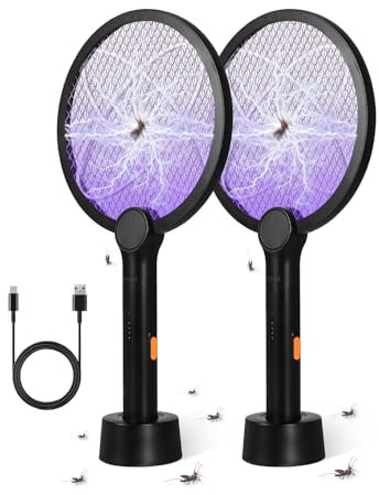Bavmosek 4000V Elektrische Fliegenklatsche mit Ladestation, 2 in 1 USB mit Akku Aufladbar Elektro Mückenklatsche mit UV Lichtfalle Moskito Schwarz (Schwarz 2 STK)