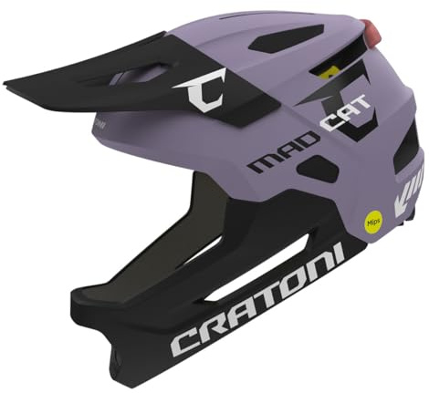Cratoni Kinderhelm Madcat MIPS, robuster Fullfacehelm für Kinder, Fahrradhelm MTB-Helm Allroundhelm, Kinnbügel abnehmbar, größenverstellbar, inkl. Rücklicht, Unisex, Größe S/M (49-56 cm)
