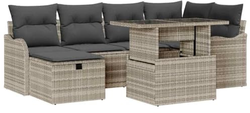 vidaXL 7-teiliges Garten-Sofaset mit Kissen in Hellgrau aus Poly-Rattan, modulare Sitzmöbel für Balkon, Terrasse und Garten.