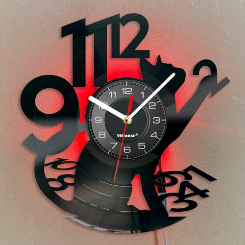 Viiluuxr LED Leuchtend Vinyl Schallplatten Uhr Batteriebetrieben 30 cm Led-Streifen Süße Katze Große Digitale Haustier-Wohndeko Zimmer Nachtlicht Lautlos Leuchtendes Ambiente Wanduhr.