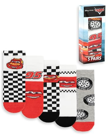 Disney Cars Lightning McQueen Boys Red, Black, White & Grey Calf Socks Set of 5 | Everyday Wear with Stripes & Checkered Pattern | Kids Character Socks Merch