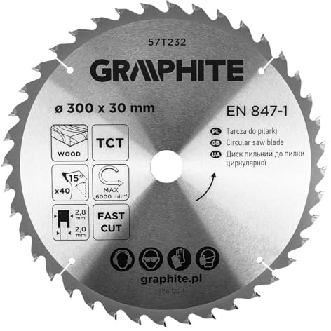 GRAPHITE Kreissägeblatt Widia, Hartmetall Sägeblatt für Holz, Spanplatte | MDF, Sperrholz & Aluminium, Präzise Schnitte, Inkl. Reduzierringe Sauber und Schnell