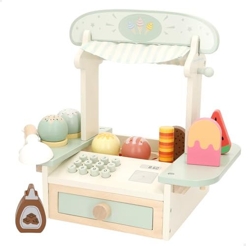 WOOMAX Glacière en bois avec 11 pièces, comptoir, cônes, boules de glace, fruits et cuillère, jouet symbolique FSC, 30 x 21 x 30 cm, pour développer les compétences, enfants à partir de 24 mois (39244
