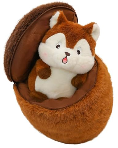 Eichhörnchen in Einer Nuss Plüschtier, Weiches Plüsch Eichhörnchen stofftier Spielzeug, Nussförmiges kuscheltier mit Reißverschluss, Eichhörnchenpuppe Geschenk für Kinder Mädchen Jungen (30cm)