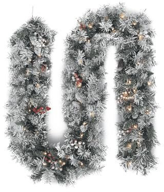 EVRE Pre-Lit Christmas Garland Snow Frosted Artificial Pine with 50 LED Lights, Red Berries & Pine Cones, Fire-Resistant PVC Indoor Xmas Decoration for Fireplace & Stairs(9ft/275cm).