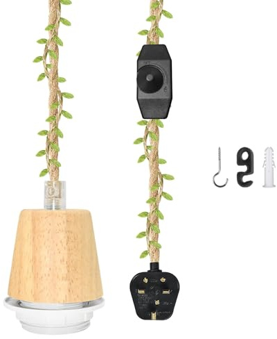 ZRLXFM Plug in Pendant Light with Dimmer Switch, E27 Retro Lamp Socket with 5.1M Hemp Cable, DIY Rustic Ceiling Hanging Lighting Kit with 5M Green Leaf Decorative Rope