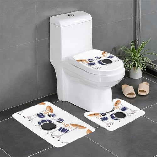 LGHHGY Jazz Drum Print 3-teiliges Badezimmerteppich-Set – U-förmige WC-Bodenmatten, Badewannen-Duschmatten, Schminktisch, O-Typ-Kappe