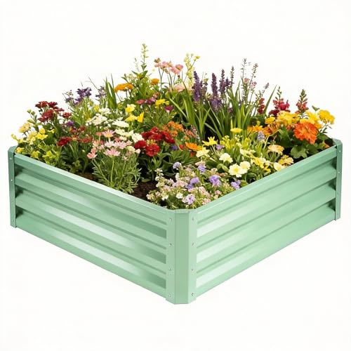 Teodute Orto Rialzato da Esterno, 90x90x30cm Zincato Grow Box con Guanti, Fioriere da Esterno Grandi per Coltivazione Piante Ortaggi Fiori ed Erbe Aromatiche (Quadrato + Verde Chiaro)