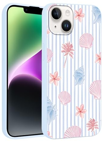 Tivkofk Cute Phone Case for iPhone 13/14 6.1'', Blue Striped | Summer Floral Coconut Tree Print, Slim Soft Silicone, Shockproof Bumper, For Girls Women