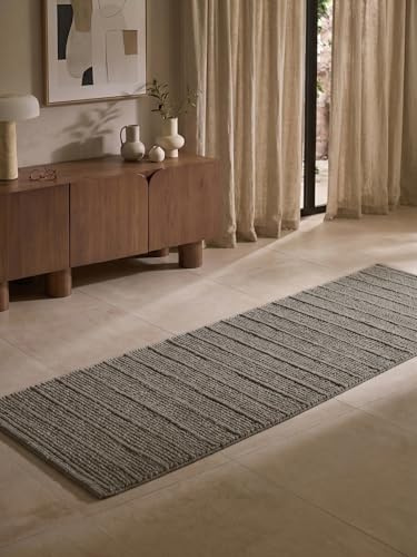 Ted Baker Wollteppich Parker - Natürlicher Wohnzimmerteppich, 100% Wolle, Handgewebt & Zeitlos, Naturfaser Läufer Gestreift Skandi für Wohnzimmer, Schlafzimmer, Esszimmer – Braun Grau, 80x250 cm