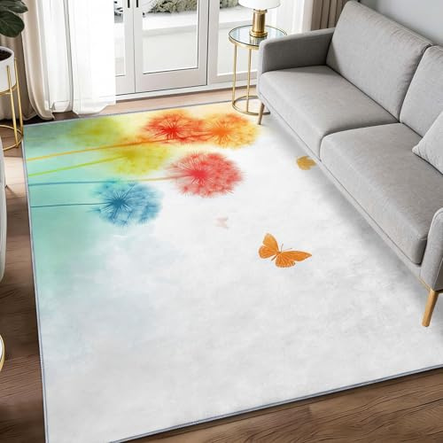 Teppich Waschbar 80 x 150 cm Bunte Löwenzahn Schmetterlinge Kinderzimmer Teppich, Minimalismus rutschfest Kurzflor Pflegeleicht Teppiche Für Wohnzimmer Schlafzimmer Flur Küche
