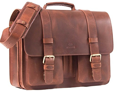 ALMADIH Leder Aktentasche handgefertigt aus robustem Premium Rindsleder braun Vintage Sattlerqualität - Businesstasche Laptoptasche Notebook Lehrertasche Unitasche Schultertasche Umhängetasche