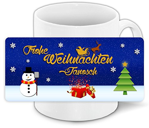 Weihnachtstasse mit Namen Janosch und Motiv „Nr. 1“ mit Schneemann, Geschenk und Tannenbaum