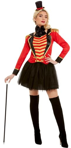 Smiffys Deluxe Ringmaster Lady Kostüm, Rot mit Jacke, Mock Shirt, Rock & Stirnband, Zirkus Verkleidung für Erwachsene