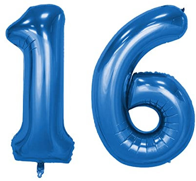 XL Folienballon Zahl 80 cm in Blau - für Luftbefüllung - für Geburtstag Hochzeit Party uvm - Hellblau Ballon im Zahlen-Design Jubiläum Geschenk Luftballon Zahlenballon riesen 18 Nummer Deko (Zahl 16)