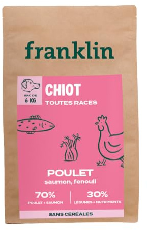 Franklin - Getreidefreie Trockenfutter - Welpe - 100% natürlich - Hypoallergen - Optimale Verdauung - Huhn, Lachs, Fenchel - 6kg