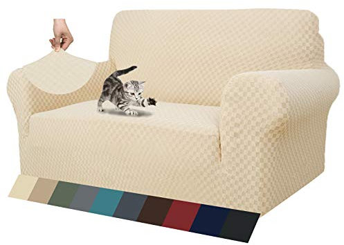 MAXIJIN Jacquard Sofabezug 2 Sitzer Couchbezug Stretch Sofahusse für Wohnzimmer Sofa-bezug für Hunde Haustiere Schonbezug Sofa mit Anti-Rutsch-Schäume (2 Sitzer, Hell Beige)