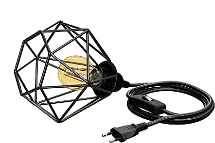 ledscom.de Käfig-Leuchte klein, Textilkabel LEKA schwarz, Stecker, Schalter, 3 m, inkl. E27 LED gold max. 778lm, 3-Stufen dimmen, extra-warmweiß