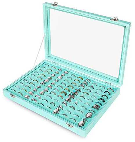 Frebeauty Ring Organiser Tray 100 Slots Ring Holder with Clear Lid Velvet Ring Storage Box Ring Tray for Jewellery Store Ring Display Case for Jewellery Show Ring Box for Women(Turquoise)