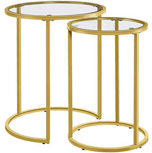 Yaheetech Satztische rund, 2er Set Beistelltisch, Couchtisch Glas, für Wohnzimmer, modernes Design, Metallgestell senf Gold, 49,5 x 49,5 x 59 cm
