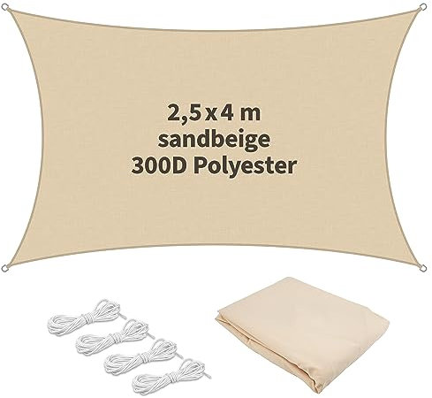 TTL Garden 2,5x4m Sonnensegel Rechteck Sand-beige - Premium Polyester 300D 160g/m² 93% Abschattung - reißfest & robust Sonnenschutz & Wetterschutz für Garten, Balkon & Terrasse, mit 4X Schnur 1,5m