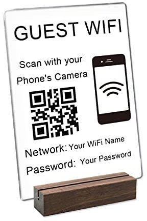 Pahdecor Señal de contraseña WiFi personalizada para el hogar con soporte, señalización acrílica personalizada con código QR para invitados, hotel, restaurante, decoración de oficina (transparente)